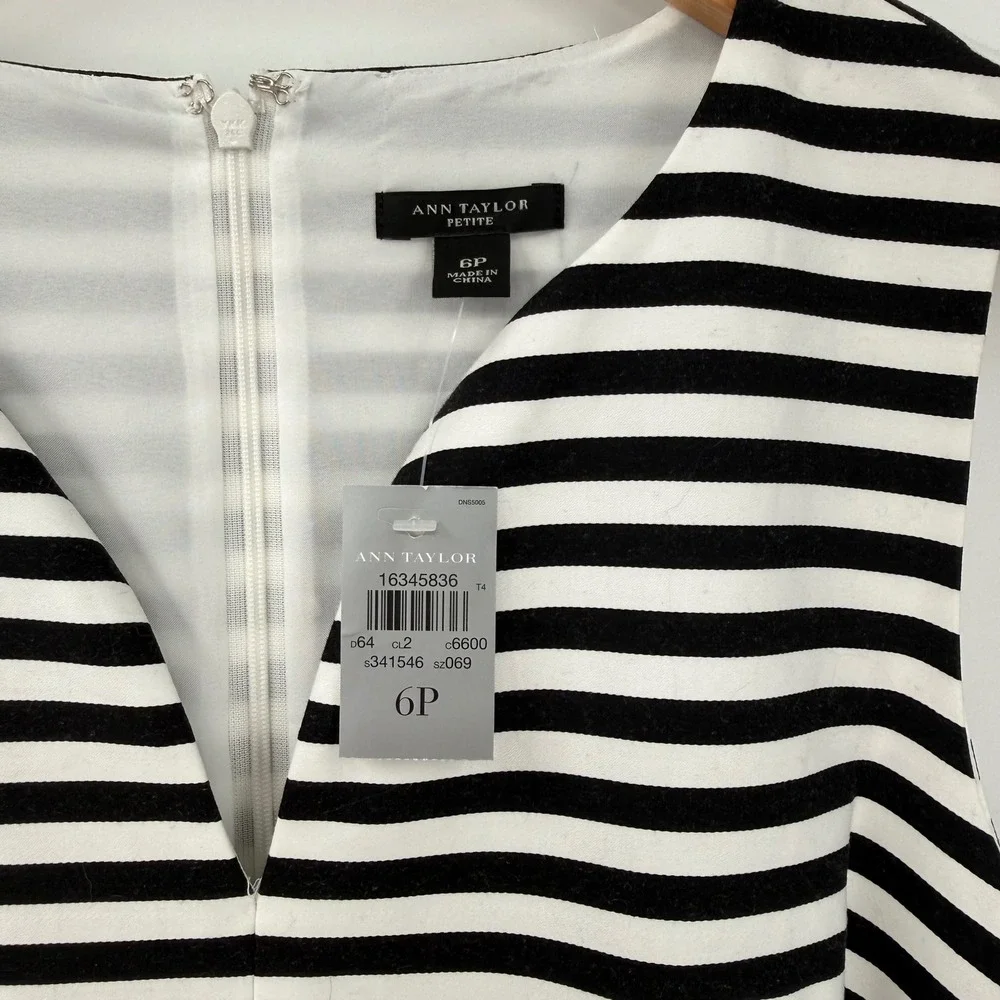 NWT Ann Taylor Petite 6P Black White Stripe Fit & Flare Dress - Picture 7 of 10